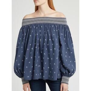 Tommy Hilfiger S Blue Off Shoulder Smocked Leaf Resortwear